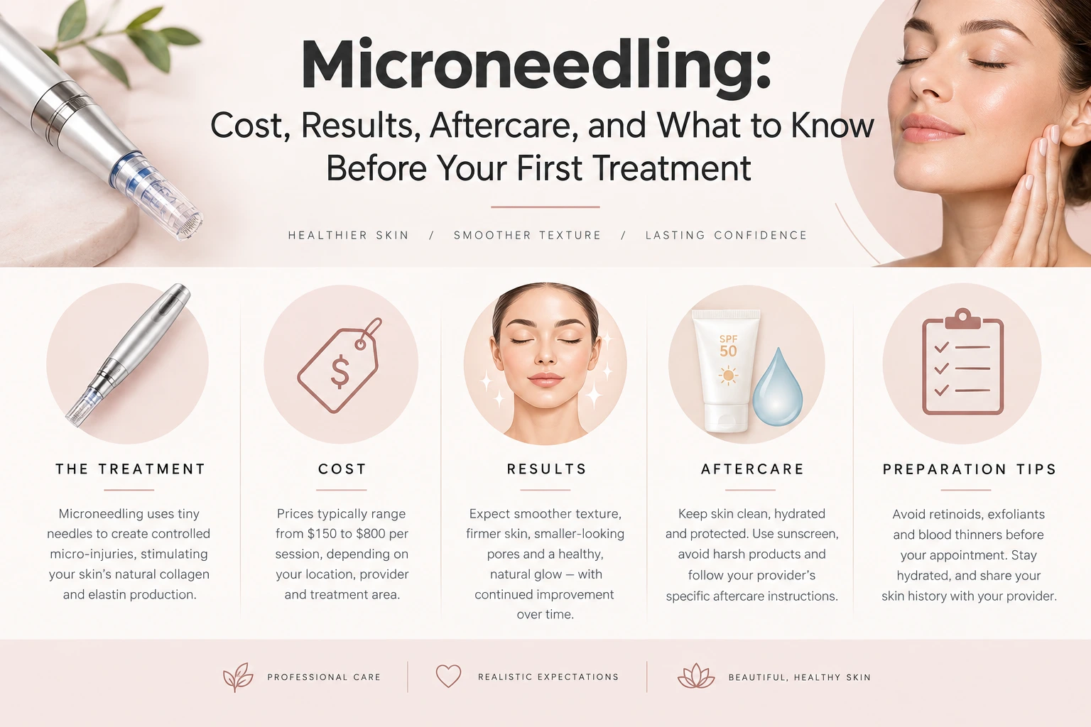 Microneedling treatment infographic showing cost, results, aftercare, preparation tips, and a microneedling pen at Enfield Royal Clinic New Jersey.