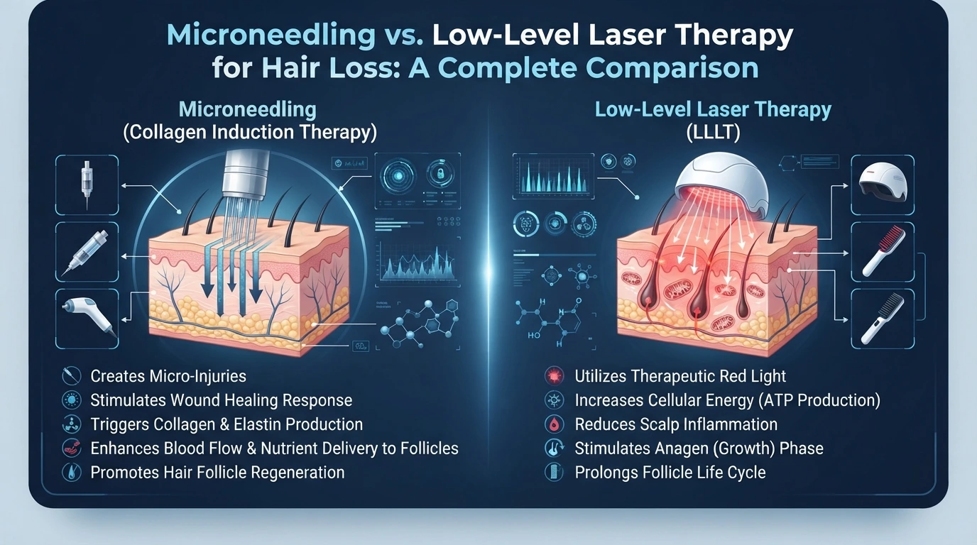 An infographic comparing microneedling and low-level laser therapy (LLLT) for hair loss on a navy blue and slate medical background, created by Enfield Royal Clinic New Jersey.