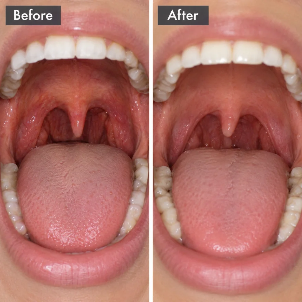 Before-and-after comparison of the mouth and throat illustrating changes in soft tissue appearance following NightLase® non-surgical laser treatment at Enfield Royal Clinic in Branchburg, NJ.