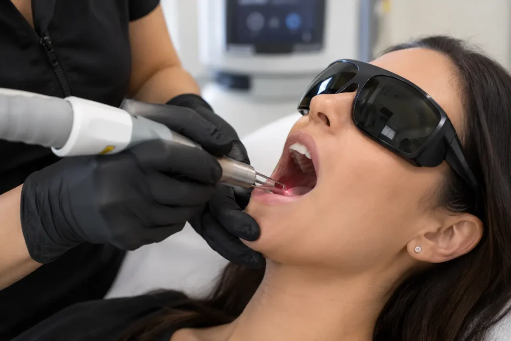 Patient wearing protective eyewear during a non-surgical oral laser treatment, with a clinician directing a laser device toward the mouth at Enfield Royal Clinic in Branchburg, NJ.