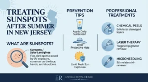 An infographic outlining sunspot causes, prevention tips, and professional treatments. It defines solar lentigines as flat, dark spots resulting from UV exposure, lists preventive habits such as daily SPF and protective hats, and details clinical options like chemical peels, laser therapy, and microneedling.