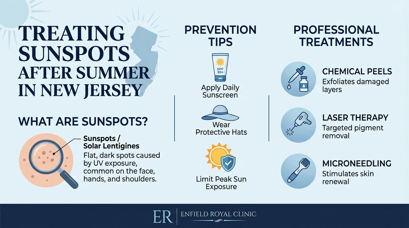 An infographic outlining sunspot causes, prevention tips, and professional treatments. It defines solar lentigines as flat, dark spots resulting from UV exposure, lists preventive habits such as daily SPF and protective hats, and details clinical options like chemical peels, laser therapy, and microneedling.