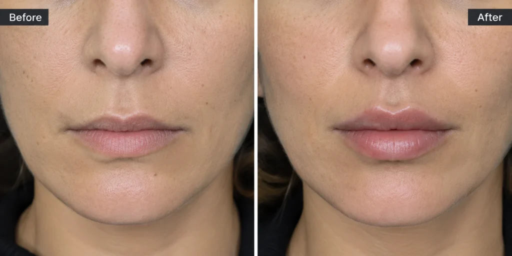 Upper lip filler before and after showing enhanced volume, improved lip definition, and a natural-looking result at Enfield Royal Clinic in Branchburg, NJ.