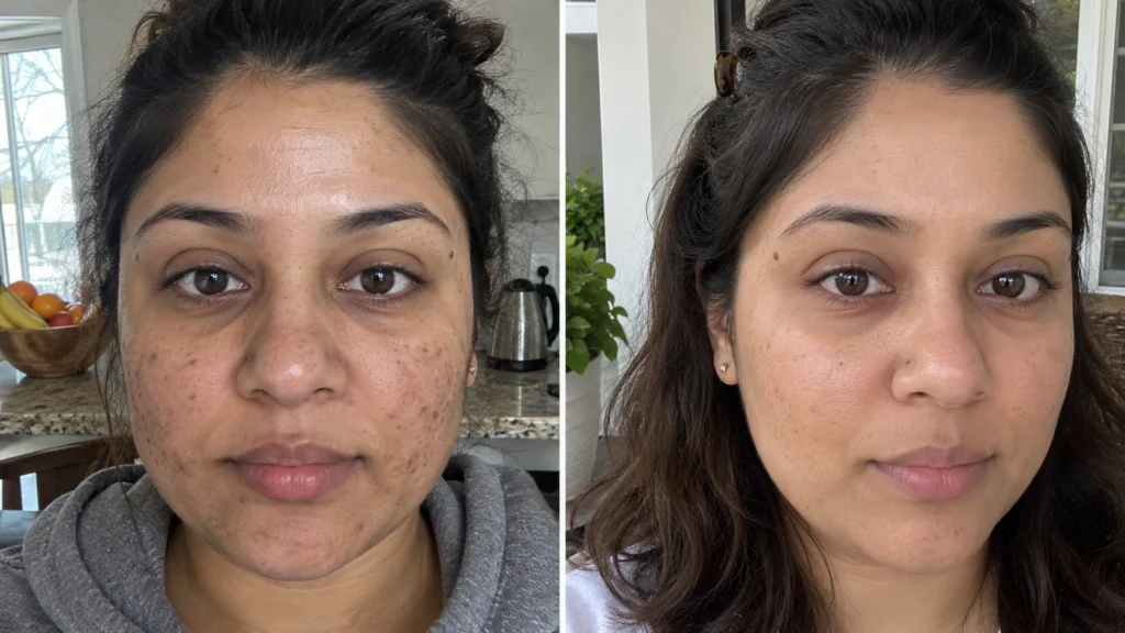 Before and after comparison showing improved facial skin tone and texture after a chemical peel