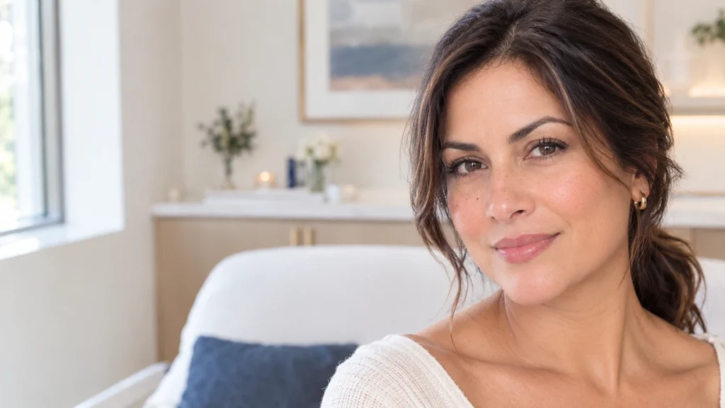 Woman in a modern aesthetic clinic setting, featured on a page about FracRevive laser treatment for skin tone and texture.