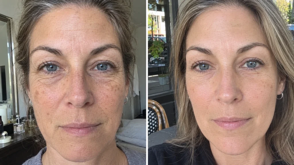 Before-and-after comparison showing fine lines and skin texture across a woman’s neck and upper chest.