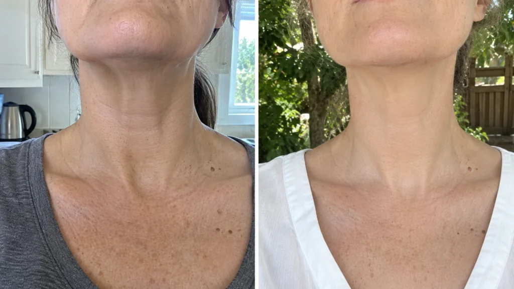 Before-and-after comparison showing fine lines and skin texture across a woman’s neck and upper chest.