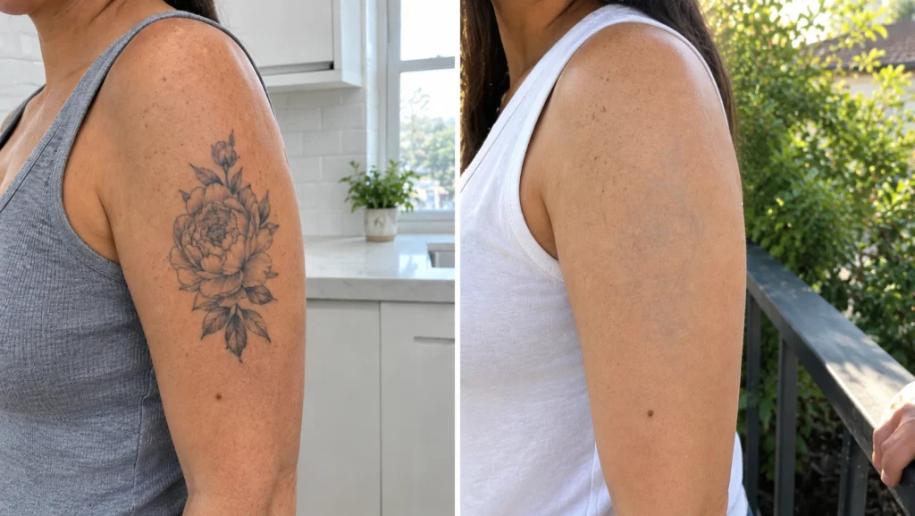 Before and after laser tattoo removal showing visible tattoo fading on the upper arm