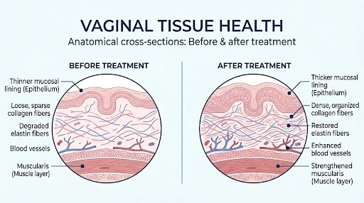 Before and after comparison of vaginal tissue changes associated with laser vaginal rejuvenation, showing differences in tissue thickness, collagen fibers, elasticity, and muscle layers.