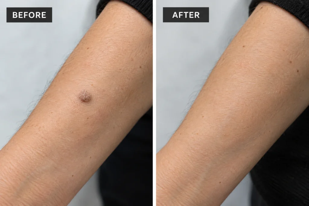 Before and after laser wart removal on the forearm showing a small raised wart before treatment and clearer-looking skin afterward.