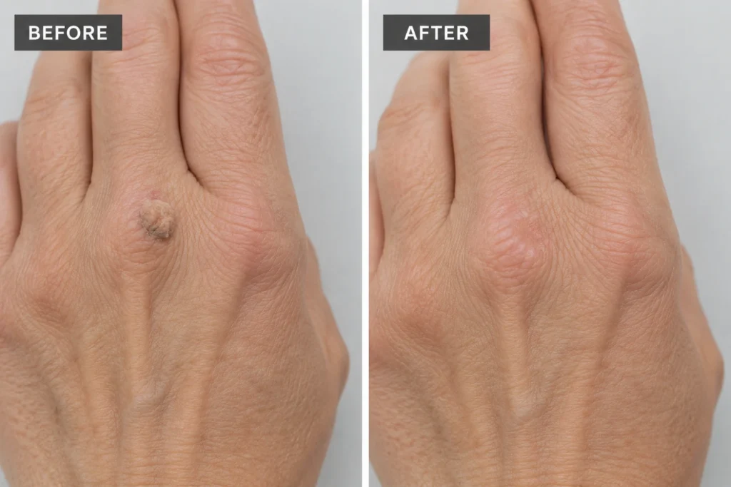 Before and after laser wart removal on the back of the hand showing a raised wart before treatment and smoother skin afterward.