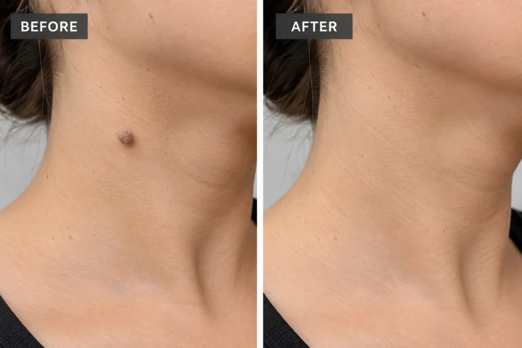 Before and after laser wart removal on the neck showing a raised wart before treatment and clearer-looking skin afterward.