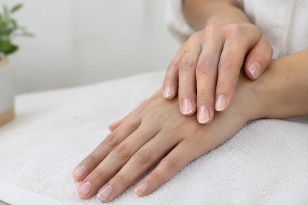 Close-up of naturally positioned hands resting on a white towel, illustrating the skin care services offered at Enfield Royal Clinic for laser wart removal in Branchburg, NJ.