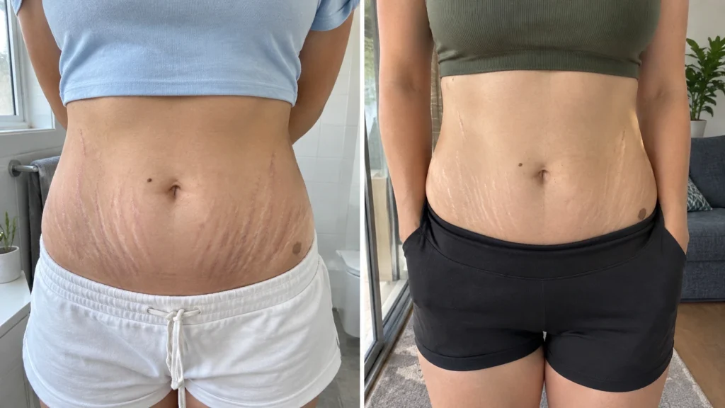 Illustrative before-and-after comparison of abdominal stretch marks showing differences in their visible appearance.
