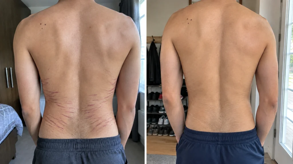 Illustrative before-and-after comparison showing stretch marks across the lower back and changes in their visible appearance.