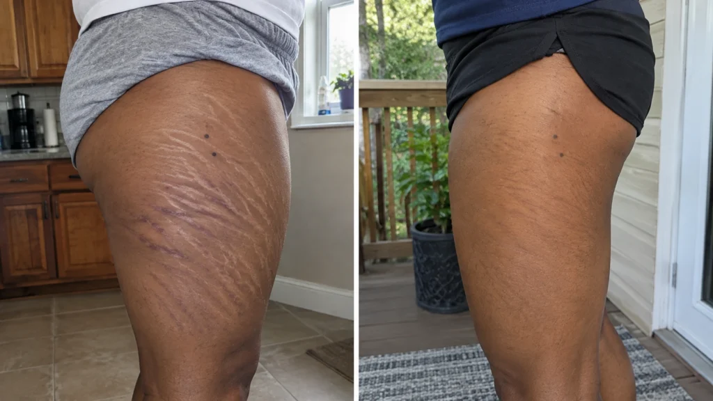 Before and after LineLase laser stretch mark removal on thigh at Enfield Royal Clinic in New Jersey