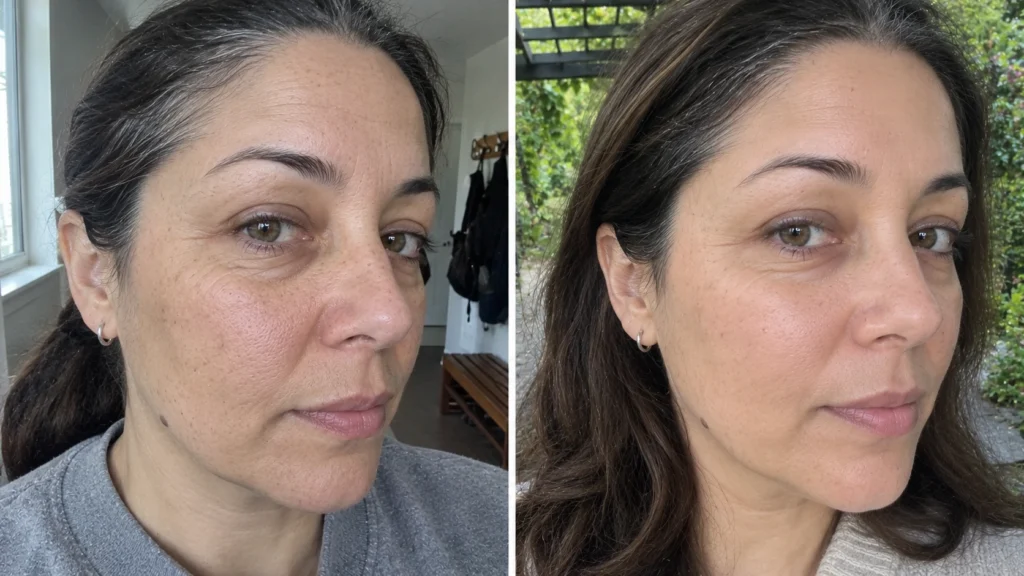 Before and after comparison showing changes in facial skin texture and acne scarring after microneedling