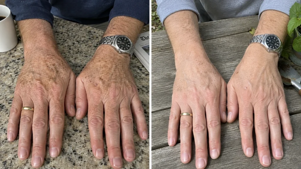 Before-and-after comparison of the backs of hands showing differences in visible sun spots and skin texture.