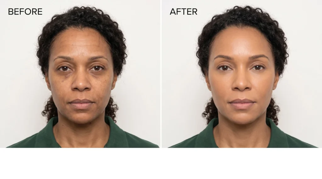 Before and after comparison of a female patient showing facial rejuvenation and volume restoration after dermal fillers for the mid face and cheeks at Enfield Royal Medspa in Somerset County.