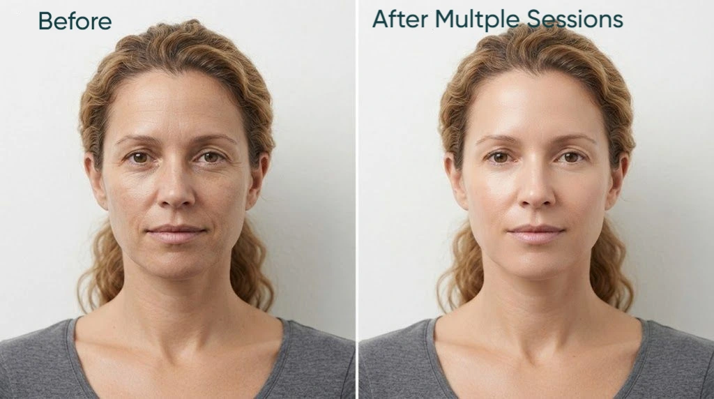 Before and after photo of a woman demonstrating significant facial skin improvement and rejuvenation after multiple PRP therapy sessions. The 'Before' image shows texture and fine lines, while the 'After' image displays smoother, more radiant skin. This procedure was performed at Enfield Royal Medspa in Somerset County.