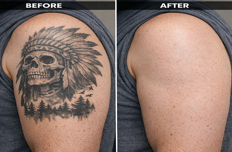 Before and after Laser Tattoo Removal results showing significant tattoo fading after professional laser treatment at Enfield Royal Clinic in Tomball, TX.