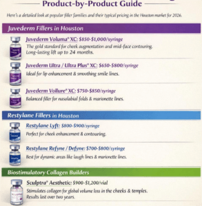 2026 Houston dermal fillers pricing chart showing Juvederm, Restylane, and Sculptra costs per syringe