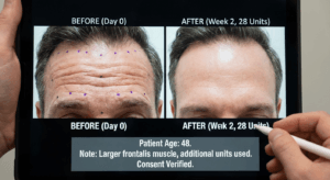Male forehead Botox before and after using higher dosing