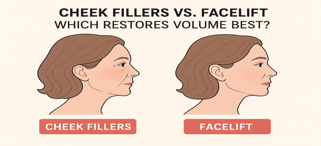 Illustration comparing cheek fillers and facelift results to show which restores facial volume best at Enfield Royal Med Spa.