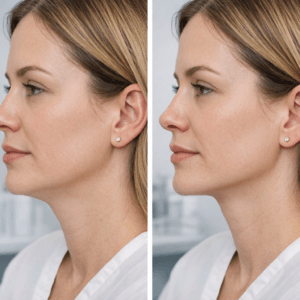Before and after jawline and chin filler treatment using 3 syringes for enhanced definition