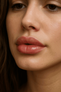 Close-up of naturally enhanced lips after filler treatment adding volume and smoothness