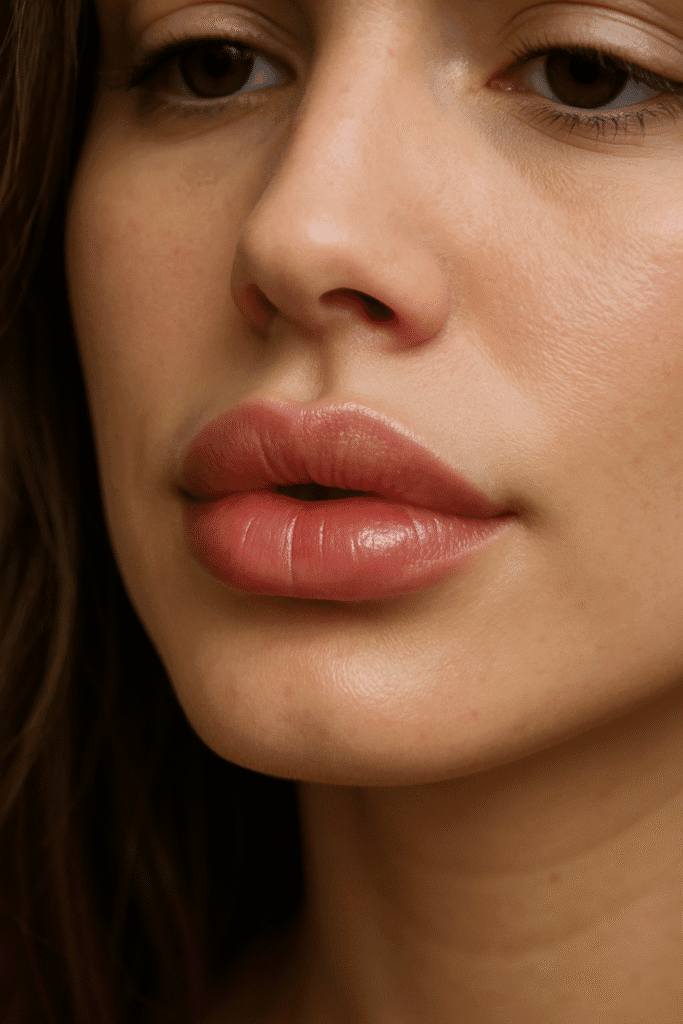 Close-up of naturally enhanced lips after filler treatment adding volume and smoothness
