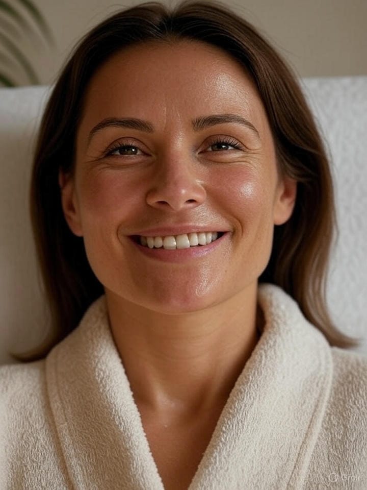 A young woman with radiant, glowing skin after an oxygen facial treatment at enfield royal clinic , smiling softly while wrapped in a white towel in a setting.