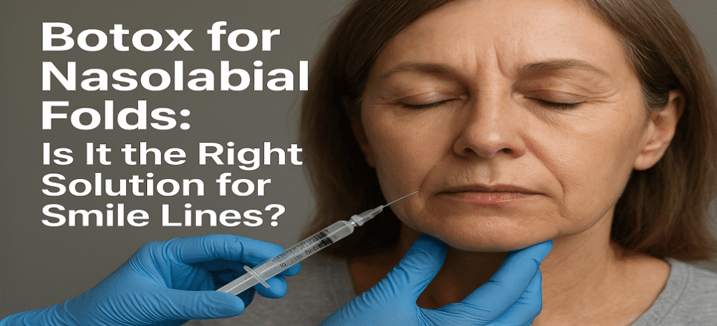 A middle-aged woman receiving Botox injection for nasolabial folds to reduce smile lines, demonstrating facial wrinkle treatment at a medical aesthetic Med Spa.