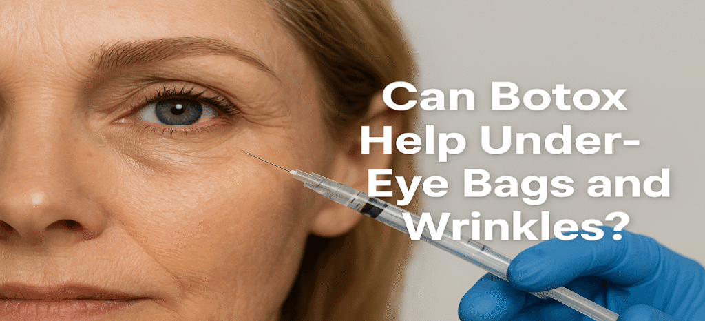 Before and after results showing Botox reducing under-eye bags and wrinkles on a woman's face