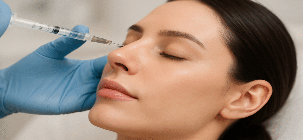 Woman receiving Botox treatment for a non-surgical nose lift and contouring to refine nose shape.