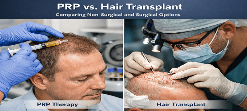 PRP vs Hair Transplant comparison showing non-surgical and surgical hair restoration options
