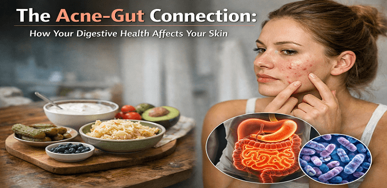 Illustration showing the connection between gut health and acne on skin