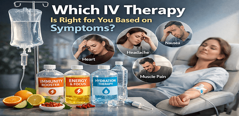 IV therapy options based on symptoms like fatigue, dehydration, low immunity, and stress