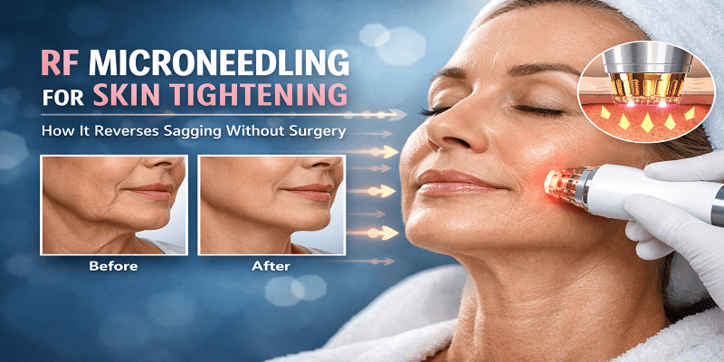 Woman receiving RF microneedling treatment for non-surgical skin tightening and lifting sagging skin
