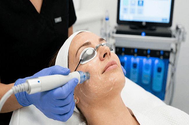 Woman receiving AquaFacial treatment in Tomball, TX for hydrated and glowing skin