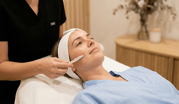 Aesthetician using a sterile scalpel to manually exfoliate dead skin cells from a patient's face at Enfield Royal Med Spa.