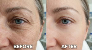 Macro before and after shot of a woman's eye area showing a reduction in deep crow's feet and improved skin elasticity.