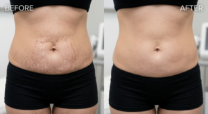  Before and after comparison of abdominal skin showing faded silvery stretch marks and tighter skin texture.