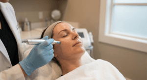 Close-up of a professional aesthetician performing a microneedling treatment on a relaxed patient with glowing skin at a medical spa.