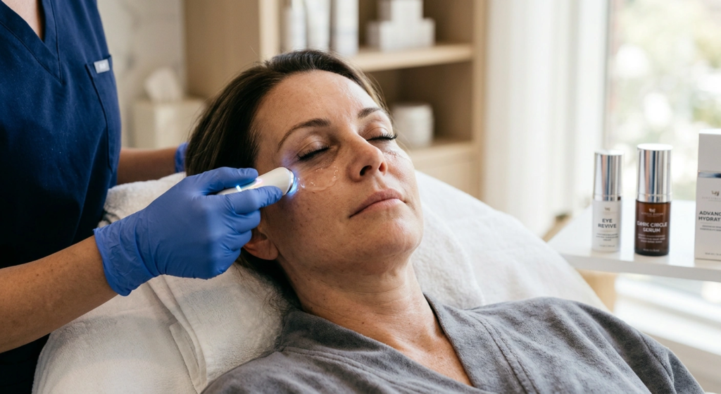 Close-up of a woman’s under-eye area showing smooth, refreshed skin after dark circles and eye bags treatment in a spa setting.