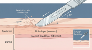 Medical illustration of professional dermaplaning showing a surgical scalpel held at 45 degrees gently removing the stratum corneum and vellus hair while preserving living skin layers