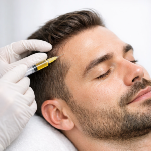 Dermatologist injecting platelet-rich plasma into the scalp to stimulate hair follicles and promote natural hair growth.