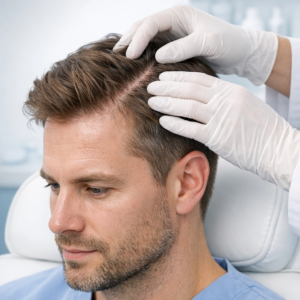Platelet-rich plasma therapy process using autologous growth factors to stimulate hair follicles and reverse thinning hair at Enfield Royal Medspa.