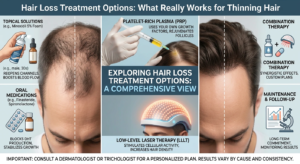 A person examining their hairline in a mirror, looking for signs of thinning hair and considering treatment options.