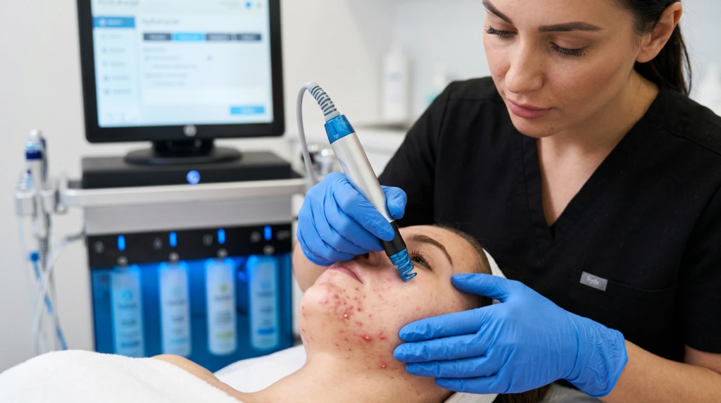 Woman receiving HydraFacial treatment for active acne on face